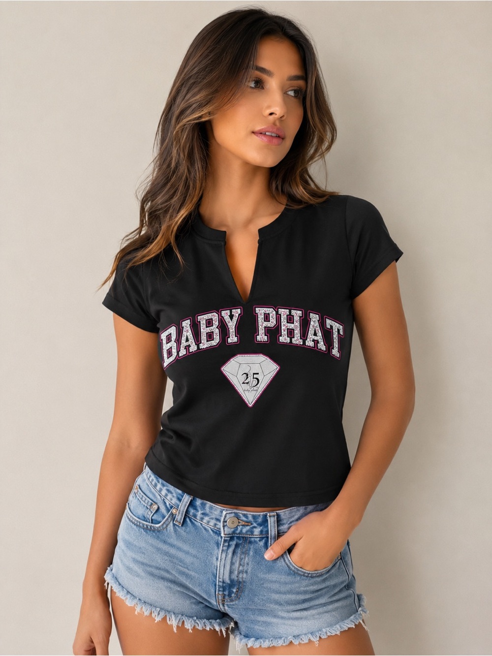 Baby Phat Black Short Sleeve Tee with White & Pink Logo